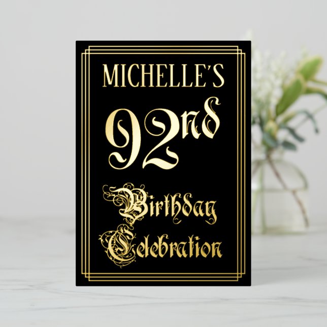 92nd Birthday Party — Fancy Script & Custom Name Foil Invitation (Standing Front)