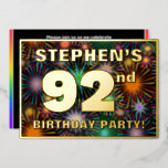 [ Thumbnail: 92nd Birthday Party — Fun, Colorful Fireworks Look Invitation ]