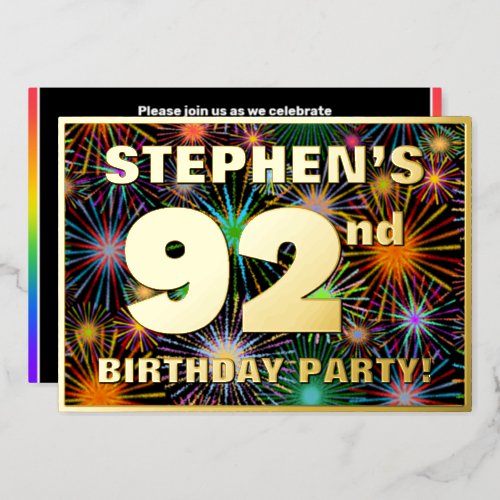 92nd Birthday Party  Fun Colorful Fireworks Look Foil Invitation