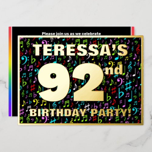 92nd Birthday Party â Fun Colorful Music Symbols Foil Invitation
