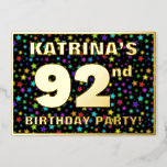 [ Thumbnail: 92nd Birthday Party — Fun, Colorful Stars Pattern Invitation ]
