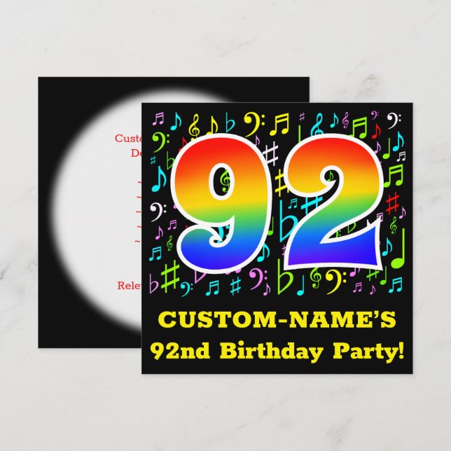 92nd Birthday Party: Fun Music Symbols, Rainbow 92 Invitation (Front/Back)
