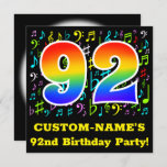 [ Thumbnail: 92nd Birthday Party: Fun Music Symbols, Rainbow 92 Invitation ]
