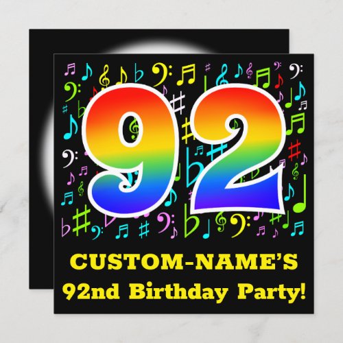 92nd Birthday Party Fun Music Symbols Rainbow 92 Invitation