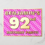 [ Thumbnail: 92nd Birthday Party — Fun Pink Hearts and Stripes Invitation ]