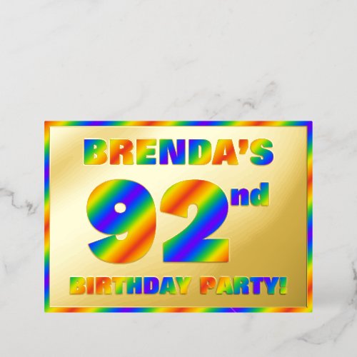 92nd Birthday Party  Fun Rainbow Spectrum 92 Foil Invitation