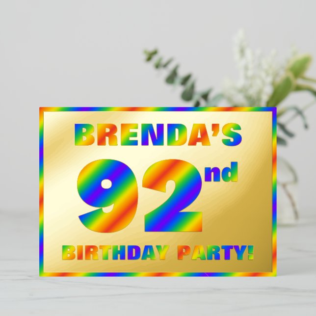 92nd Birthday Party — Fun, Rainbow Spectrum “92” Foil Invitation (Standing Front)