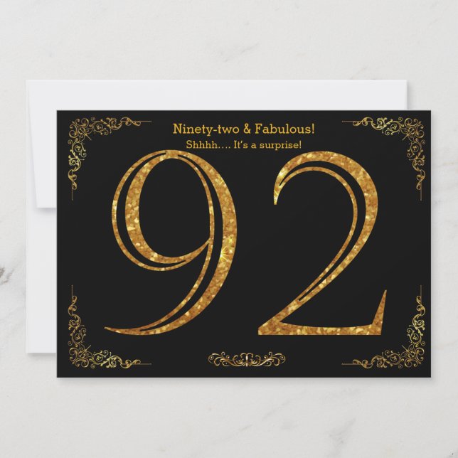 92nd Birthday party,Gatsby styl,black gold glitter Invitation (Front)