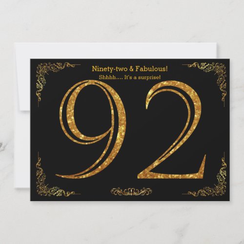 92nd Birthday partyGatsby stylblack gold glitter Invitation
