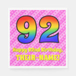[ Thumbnail: 92nd Birthday: Pink Stripes & Hearts, Rainbow # 92 Napkins ]