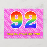 [ Thumbnail: 92nd Birthday: Pink Stripes & Hearts, Rainbow 92 Postcard ]