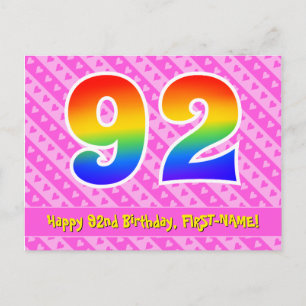 92nd Birthday: Pink Stripes & Hearts, Rainbow 92 Postcard