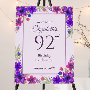 92nd Birthday Purple Floral Welcome Sign