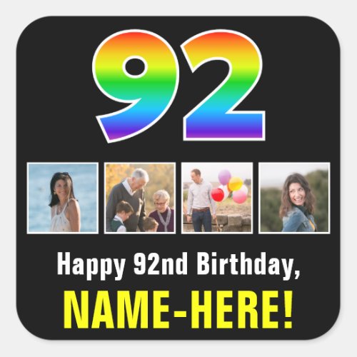 92nd Birthday Rainbow 92 Custom Photos  Name Square Sticker