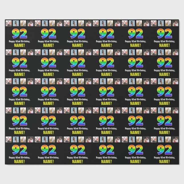 92nd Birthday: Rainbow “92“; Custom Photos & Name Wrapping Paper (Seam)