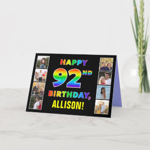 92nd Birthday: Rainbow Text, Custom Photos & Name Card