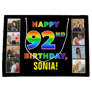 92nd Birthday: Rainbow Text, Custom Photos & Name Large Gift Bag