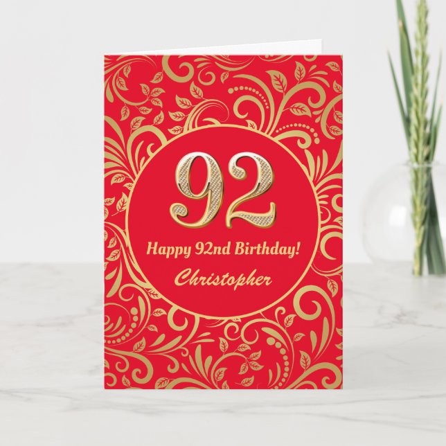 92nd Birthday Red and Gold Floral Pattern Card (Front)
