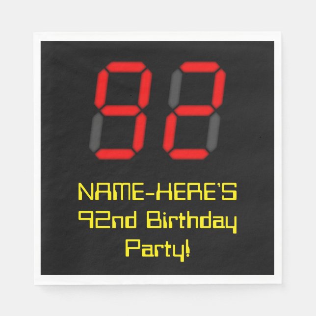 92nd Birthday: Red Digital Clock Style "92" + Name Napkins (Front)