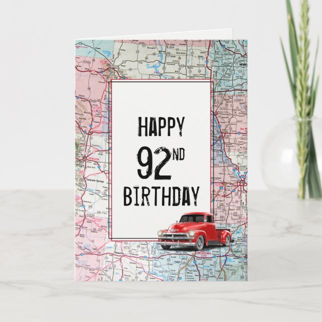 92nd Birthday Red Retro Truck on Map    Card (Front)