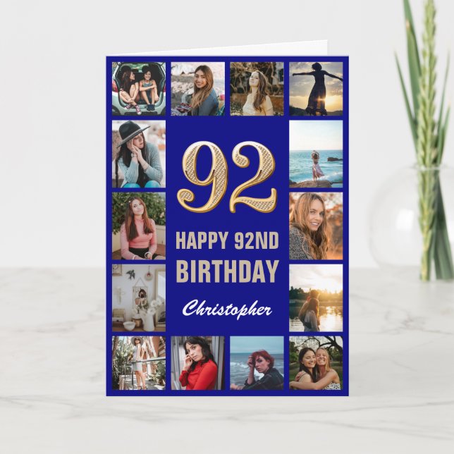 92nd Happy Birthday Navy Blue & Gold Photo Collage Card (Front)