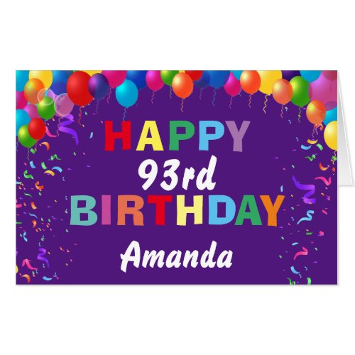 93rd Birthday Balloons Purple Extra Large Jumbo Card