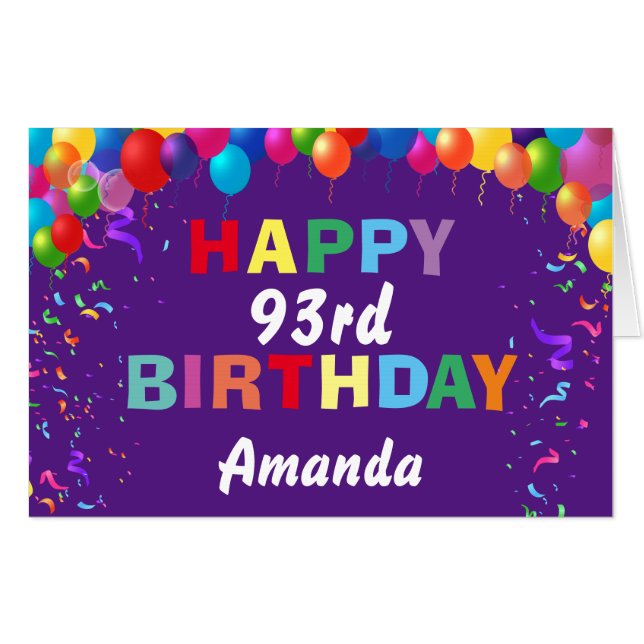 93rd Birthday Balloons Purple Extra Large Jumbo Card (Front Horizontal)