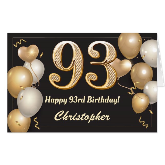 93rd Birthday Black and Gold Balloons Extra Large Card (Front Horizontal)