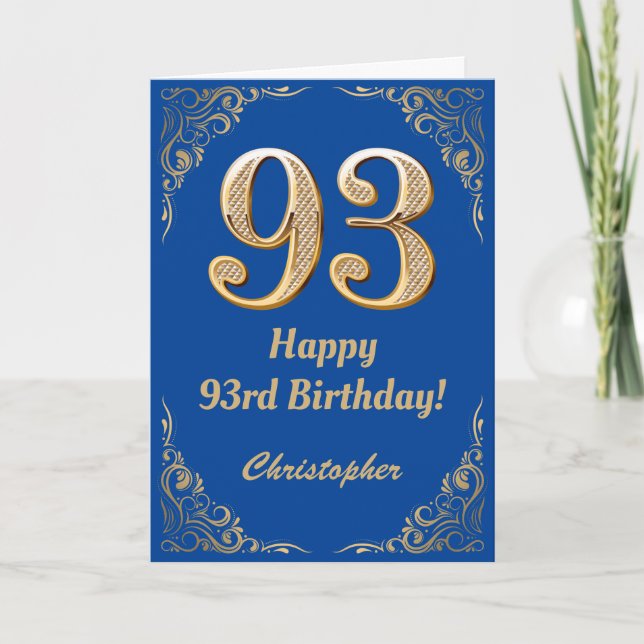 93rd Birthday Blue and Gold Glitter Frame Card (Front)