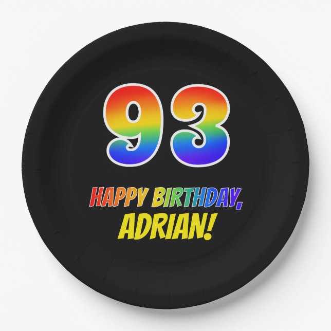 93rd Birthday: Bold, Fun, Simple, Rainbow 93 Paper Plates (Front)