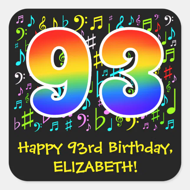 93rd Birthday: Colorful Music Symbols, Rainbow 93 Square Sticker | Zazzle