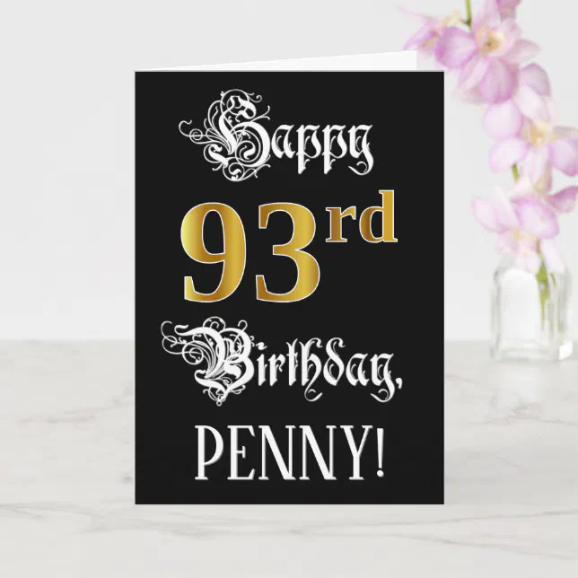 93rd Birthday — Fancy Script; Faux Gold Look; Name Card | Zazzle