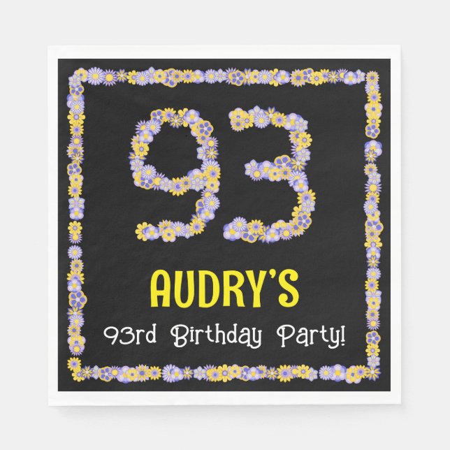 93rd Birthday: Floral Flowers Number, Custom Name Napkins (Front)