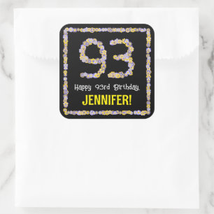 93rd Birthday: Floral Flowers Number, Custom Name Square Sticker