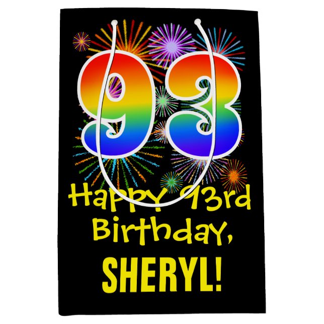 93rd Birthday: Fun Fireworks Pattern + Rainbow 93 Medium Gift Bag (Front)