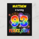 [ Thumbnail: 93rd Birthday - Fun Fireworks, Rainbow Look "93" Postcard ]