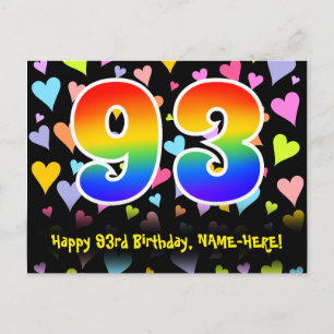 93rd Birthday: Fun Hearts Pattern, Rainbow 93 Postcard