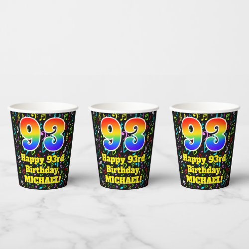 93rd Birthday Fun Music Notes Pattern Rainbow 93 Paper Cups