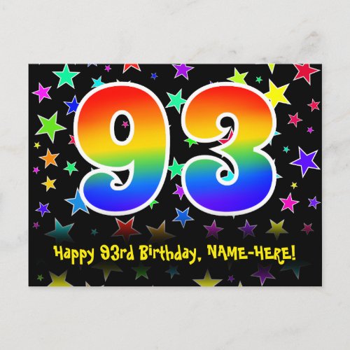 93rd Birthday Fun Stars Pattern Rainbow 93 Name Postcard