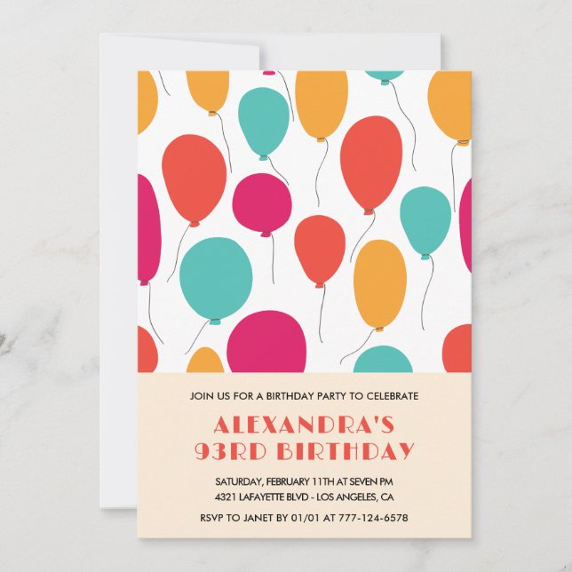 93rd birthday invitations Balloons Modern (Front)