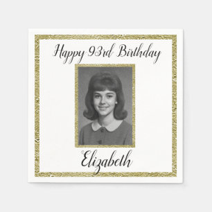 93rd Birthday Napkins Custom Photo White and Gold 