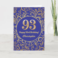 93rd Birthday Navy Blue and Gold Floral Pattern