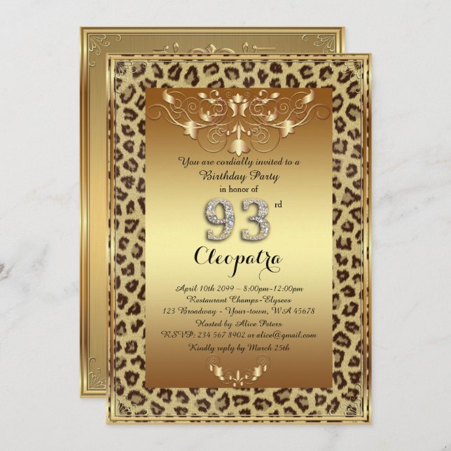 93rd, Birthday Party 93rd, Royal Cheetah gold plus Invitation (Front/Back)