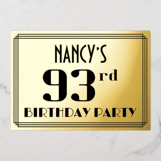 93rd Birthday Party: Art Deco Look “93” and Name Foil Invitation (Front)