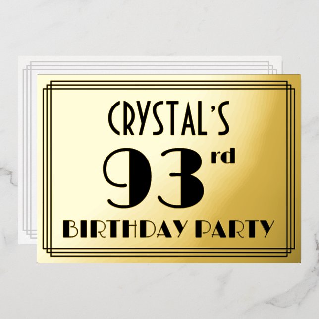 93rd Birthday Party — Art Deco Look “93” + Name Foil Invitation (Front/Back)