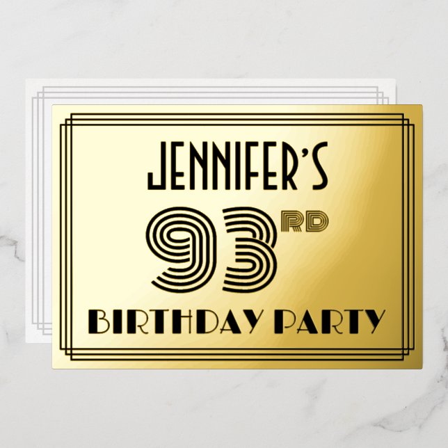93rd Birthday Party — Art Deco Style “93” & Name Foil Invitation (Front/Back)