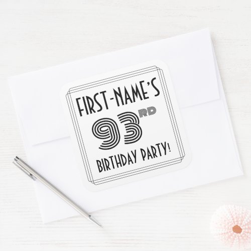 93rd Birthday Party Art Deco Style  Custom Name Square Sticker