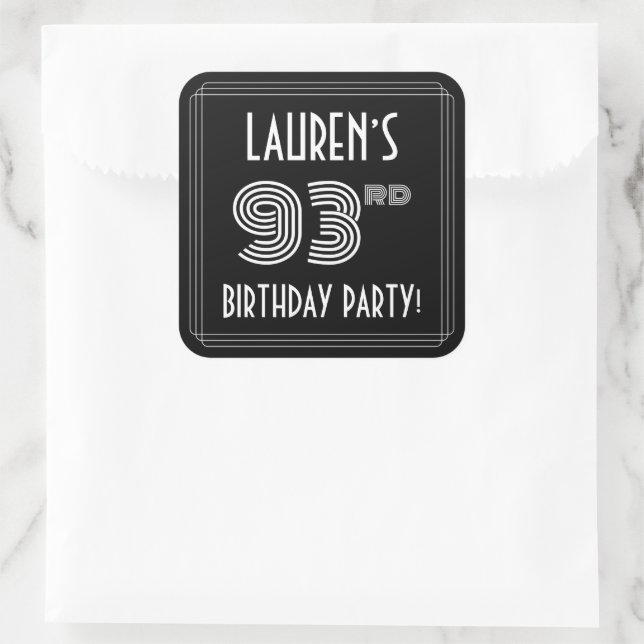 93rd Birthday Party: Art Deco Style & Custom Name Square Sticker (Bag)