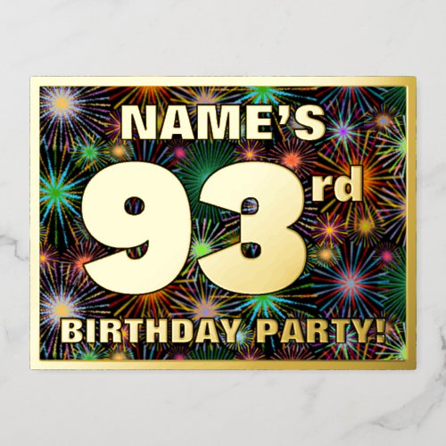 93rd Birthday Party Bold Colorful Fireworks Look Foil Invitation Postcard
