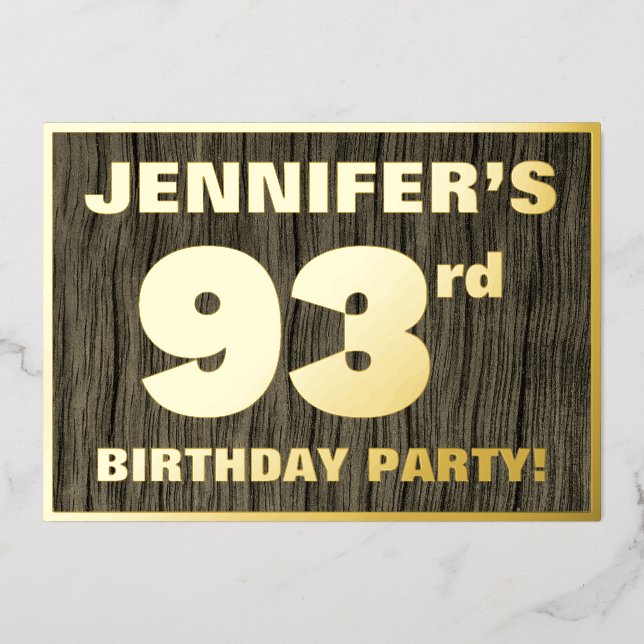 93rd Birthday Party: Bold, Faux Wood Grain Pattern Foil Invitation (Front)